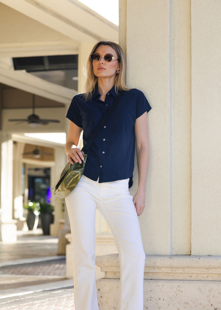 Elliott Lauren Bella Button Front Tee in Navy available at Barbara Katz