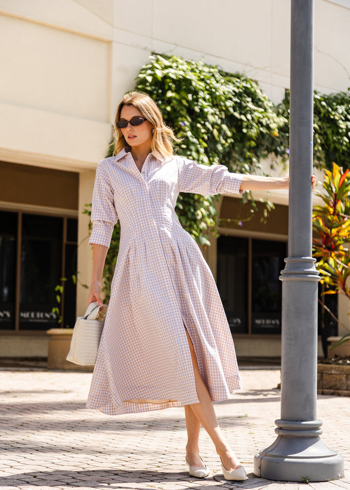 Jazz Pintuck Midi Dress - Sand Gingham
