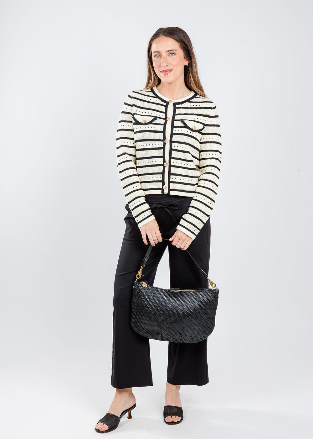 Suncoo Ganeo Stripe Cardigan in Creme paired with MAC Chiara Crop Pants in Black, Clare V Moyen Messenger Bag in Black Woven Zigzag available at Barbara Katz