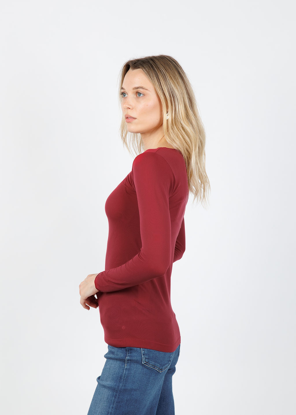 AMB Solid Raw Edge High Neck Second Skin Top in Oxblood available at Barbara Katz