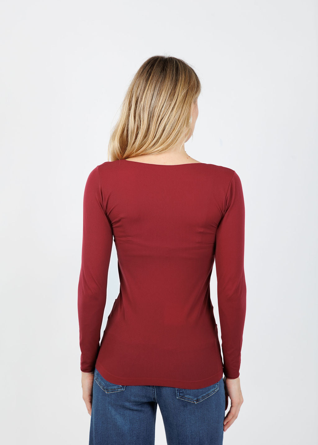 AMB Solid Raw Edge High Neck Second Skin Top in Oxblood available at Barbara Katz