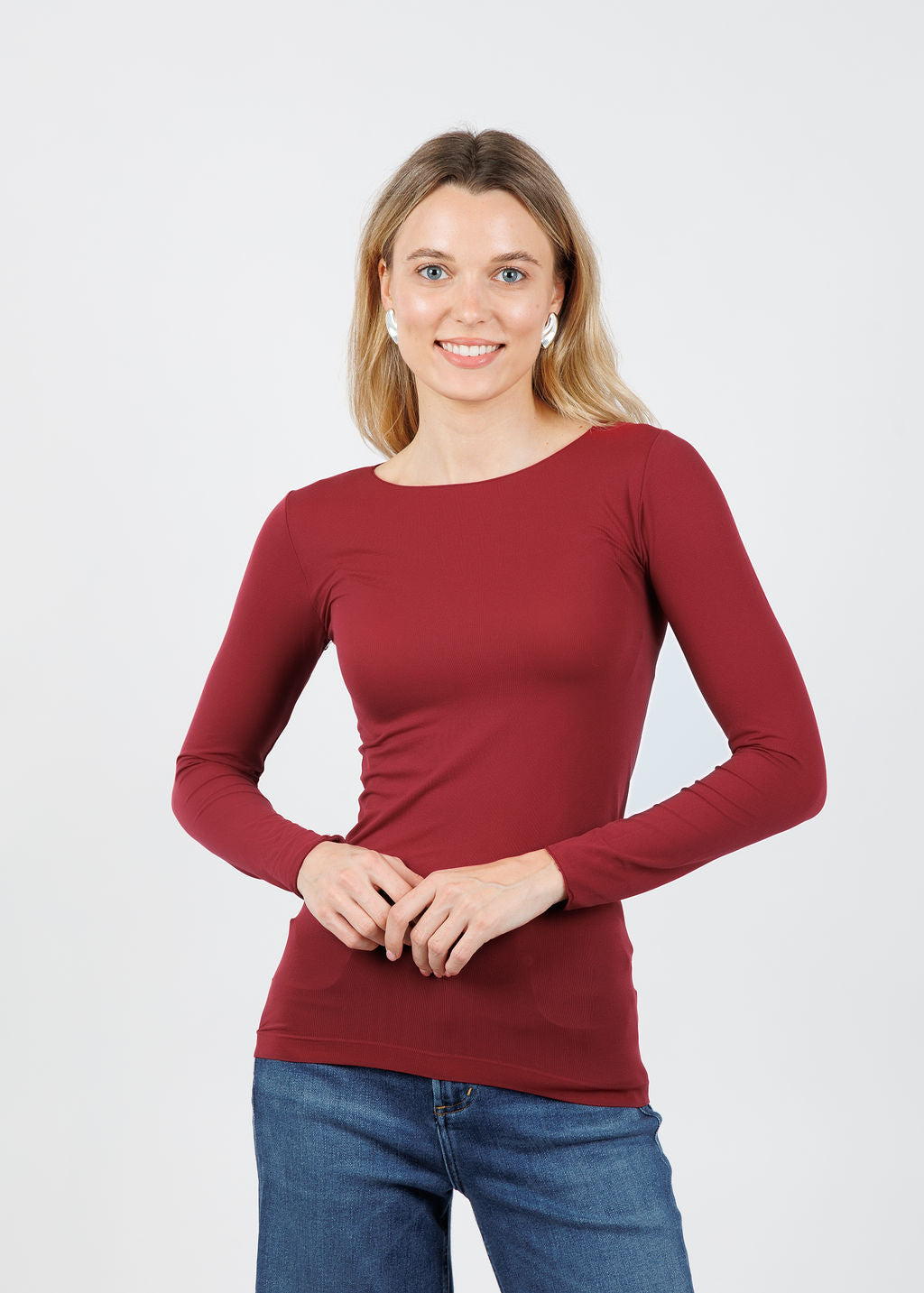 AMB Solid Raw Edge High Neck Second Skin Top in Oxblood available at Barbara Katz