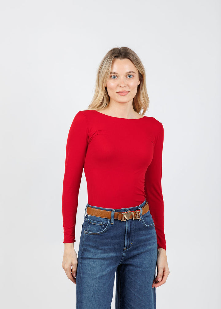 AMB Solid Raw Edge High Neck Second Skin Top in True Red available at Barbara Katz
