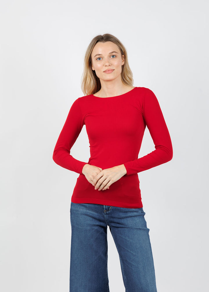 AMB Solid Raw Edge High Neck Second Skin Top in True Red available at Barbara Katz