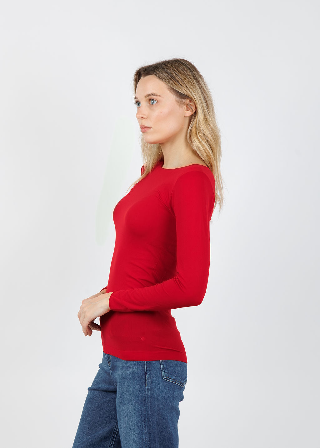 AMB Solid Raw Edge High Neck Second Skin Top in True Red available at Barbara Katz
