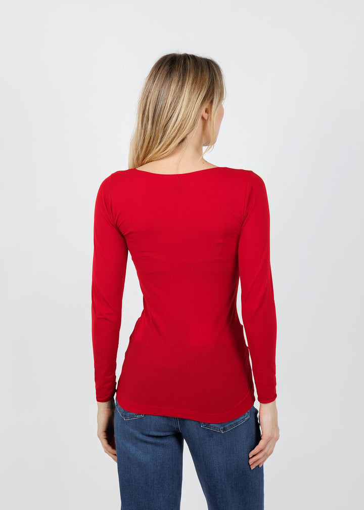 AMB Solid Raw Edge High Neck Second Skin Top in True Red available at Barbara Katz