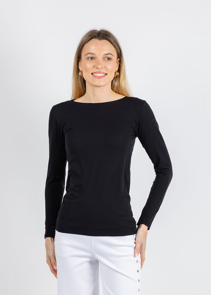AMB Solid Raw Edge High Neck Second Skin Top in Black available at Barbara Katz
