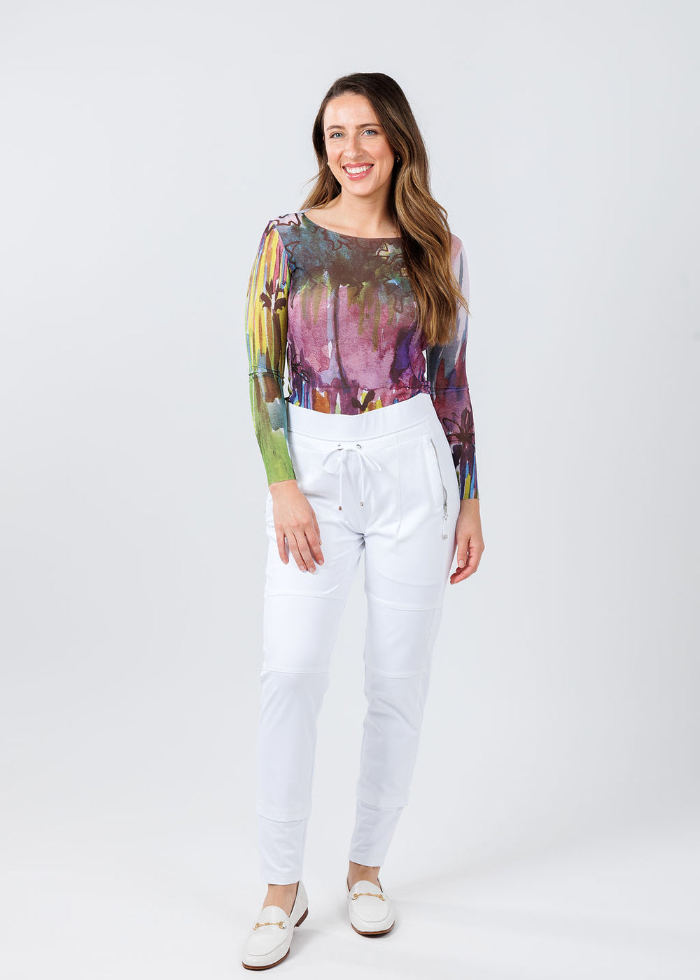 AMB Designs NudiTee Sheer Top in Daydream paired with Raffaello Rossie Candy Pants in White available at Barbara Katz
