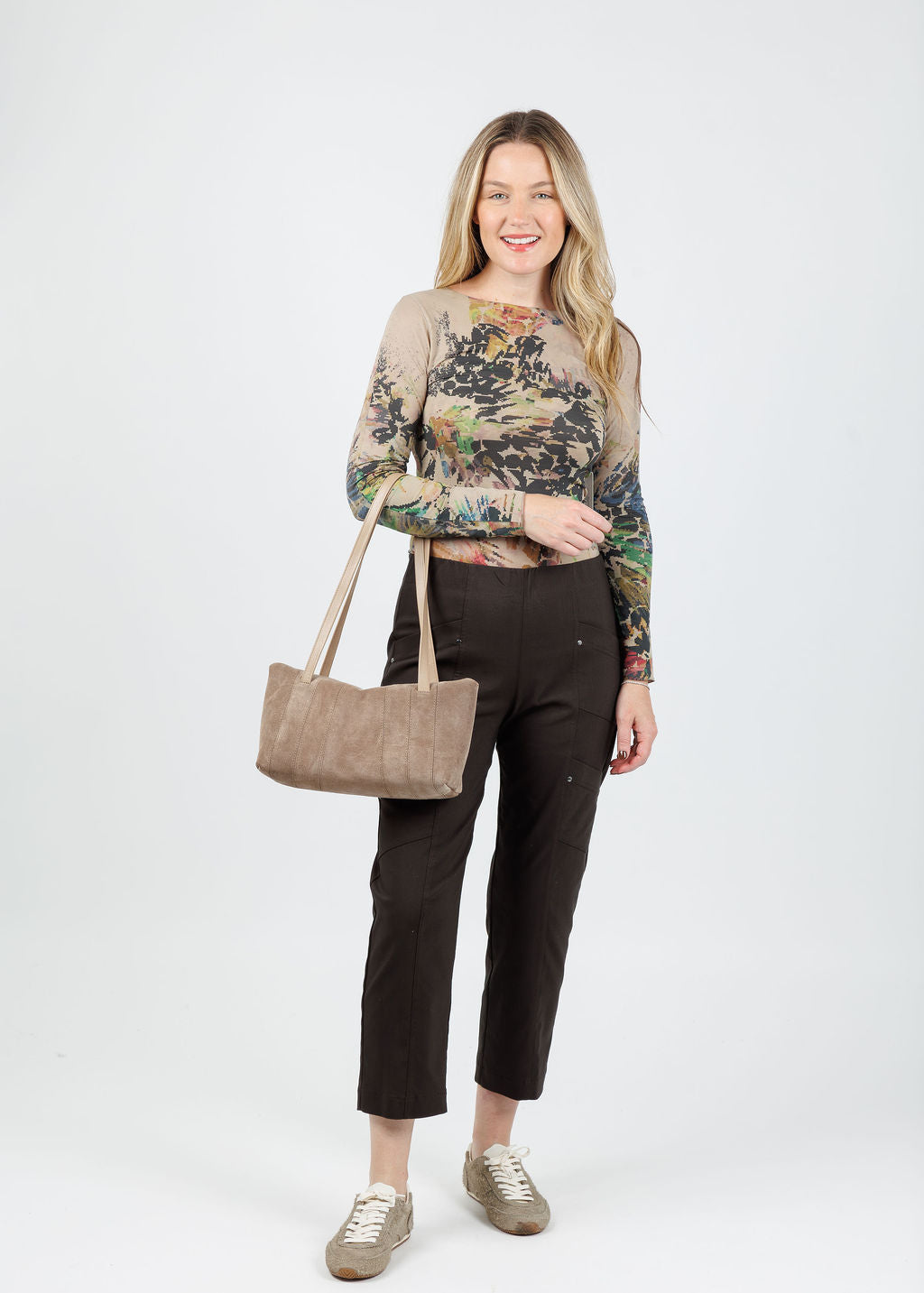 AMB Secret Garden Raw Edge Second Skin Top in Mink paired with Elliott Lauren Crop Cargo Pants in Chocolate available at Barbara Katz