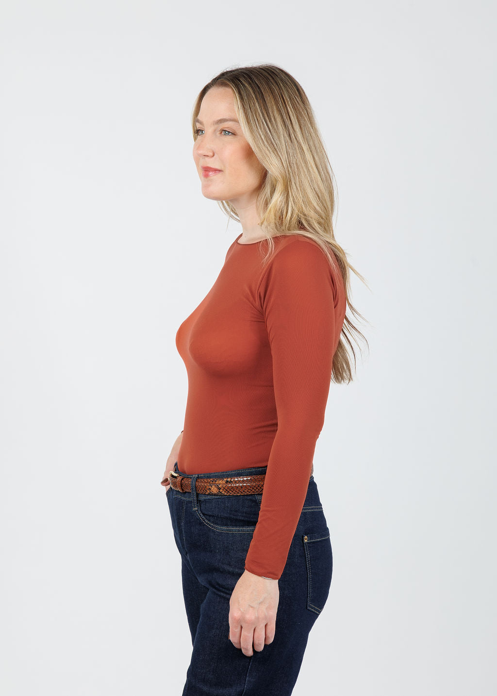 AMB Solid Raw Edge High Neck Second Skin Top in Autumn Maple available at Barbara Katz