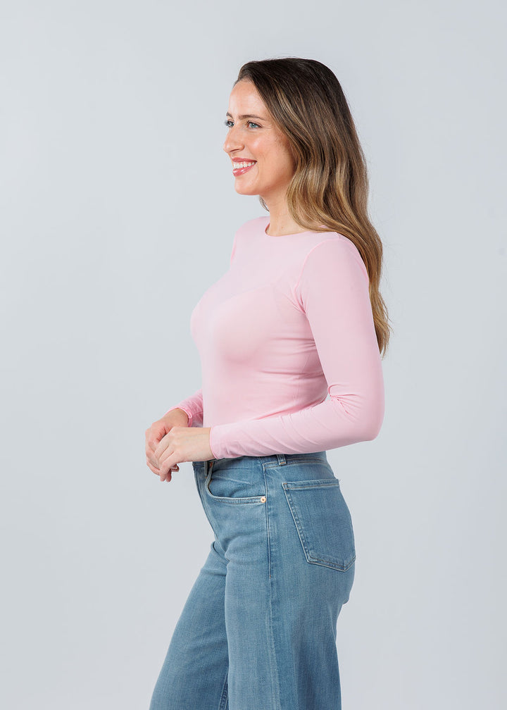 AMB Designs Solid Raw Edge High Neck Second Skin Top in Candy Pink available at Barbara Katz