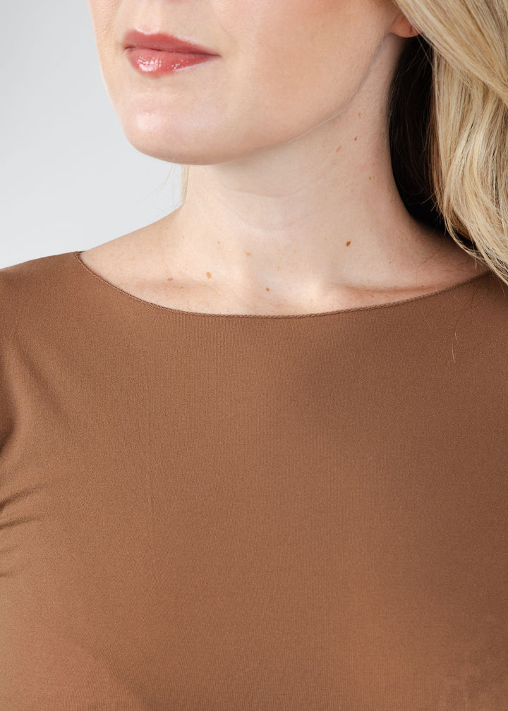 AMB Solid Raw Edge High Neck Second Skin Top in Cocoa Brown available at Barbara Katz