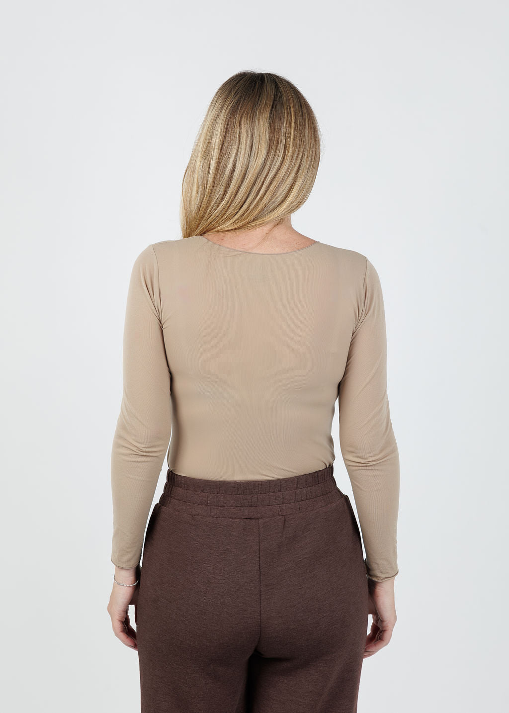 AMB Solid Raw Edge High Neck Second Skin Top in Mink available at Barbara Katz