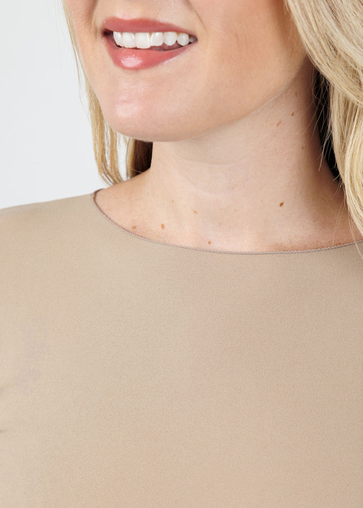 AMB Solid Raw Edge High Neck Second Skin Top in Mink available at Barbara Katz