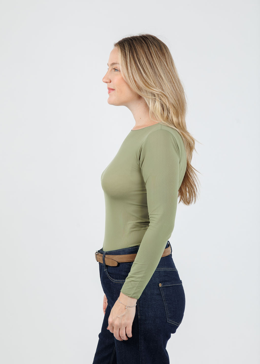 AMB Solid Raw Edge High Neck Second Skin Top in Moss available at Barbara Katz