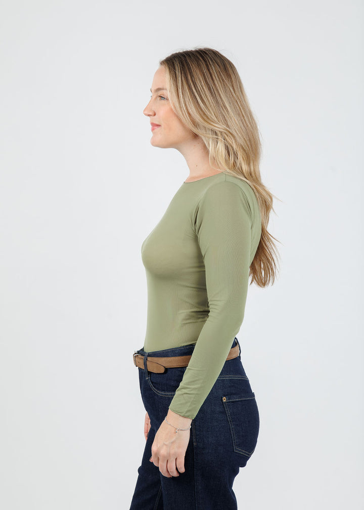 AMB Solid Raw Edge High Neck Second Skin Top in Moss available at Barbara Katz