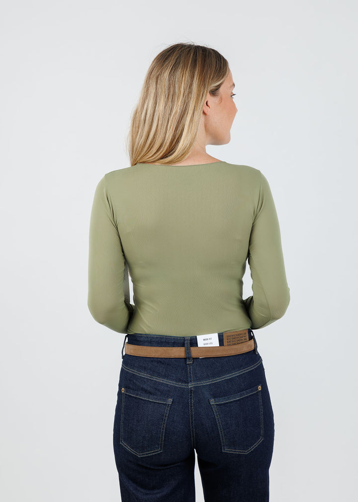AMB Solid Raw Edge High Neck Second Skin Top in Moss available at Barbara Katz