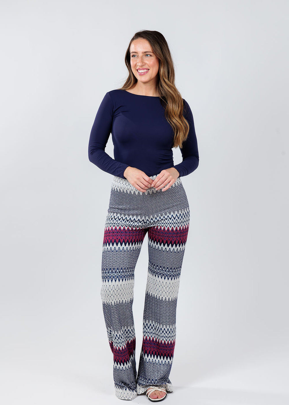 AMB Designs Solid Raw Edge High Neck Second Skin Top in Navy paired with Vilagallo Venus Marino Pants available at Barbara Katz