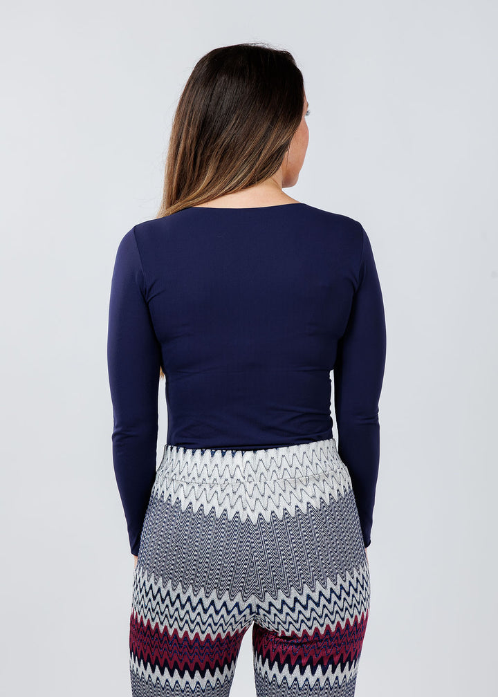 AMB Designs Solid Raw Edge High Neck Second Skin Top in Navy available at Barbara Katz