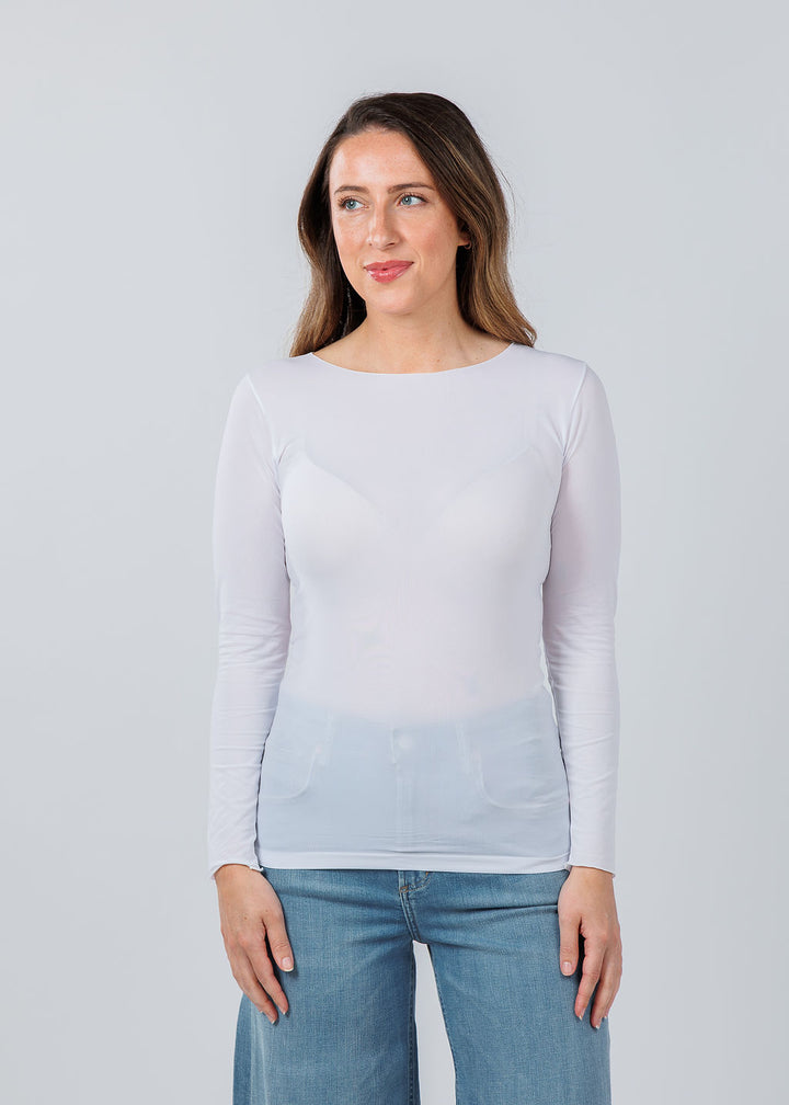 AMB Designs Solid Raw Edge High Neck Second Skin Top in White available at Barbara Katz