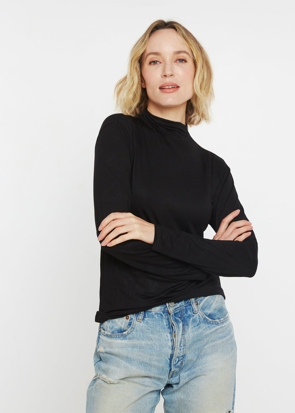 AMB Brigitte Long Sleeve Mockneck Top in Black available at Barbara Katz