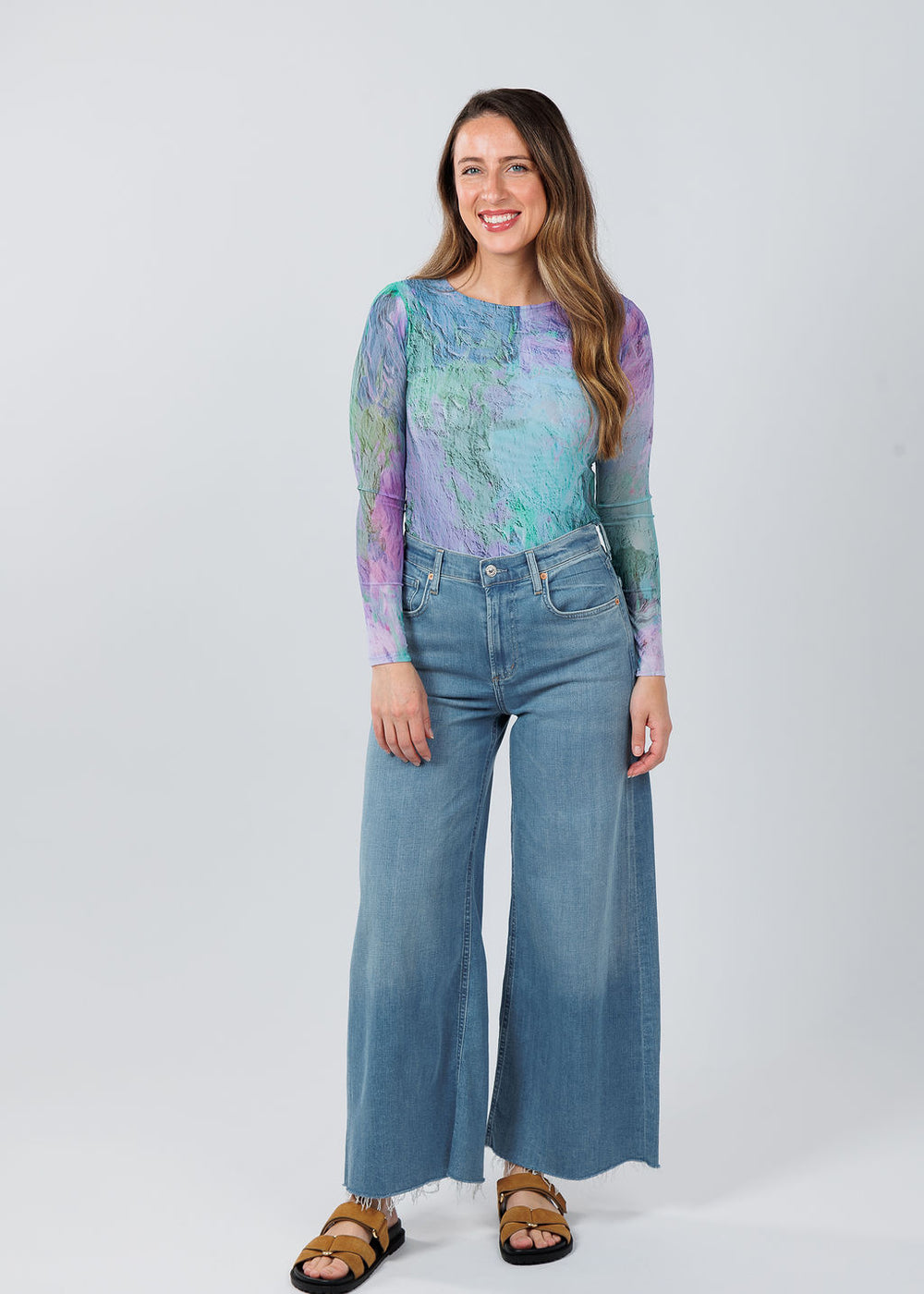 AMB Designs Florence Double Sheer Top in Pastel Dream paired with Citizens of Humanity Lyra Crop Wide Leg Jeans in Bhodi available at Barbara Katz
