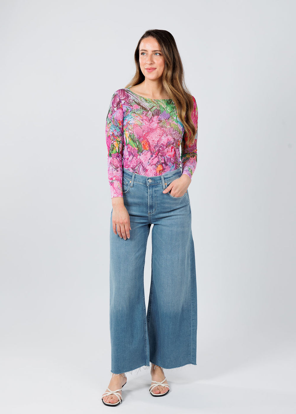 AMB Designs NudiTee Sheer Top in Reverie paired with Citizens of Humanity Lyra Crop Wide Leg Jeans in Bhodi available at Barbara Katz
