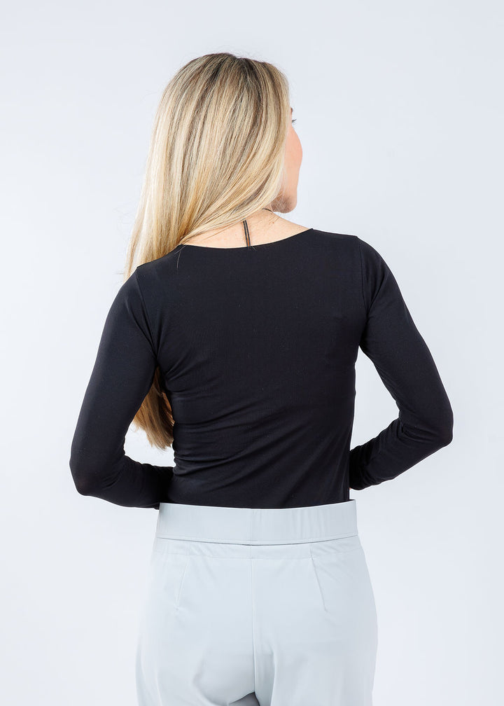 AMB Solid Raw Edge High Neck Second Skin Top in Black available at Barbara Katz