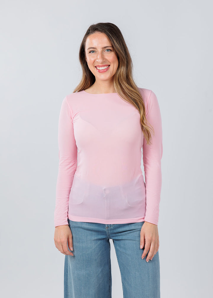 AMB Designs Solid Raw Edge High Neck Second Skin Top in Candy Pink available at Barbara Katz