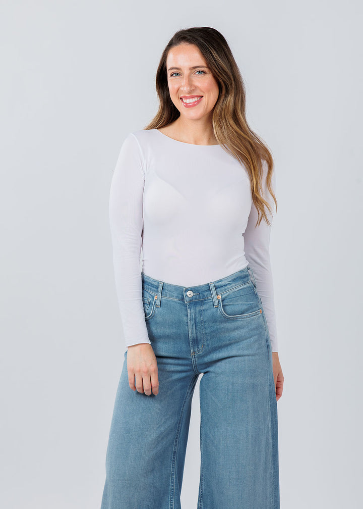AMB Designs Solid Raw Edge High Neck Second Skin Top in White available at Barbara Katz