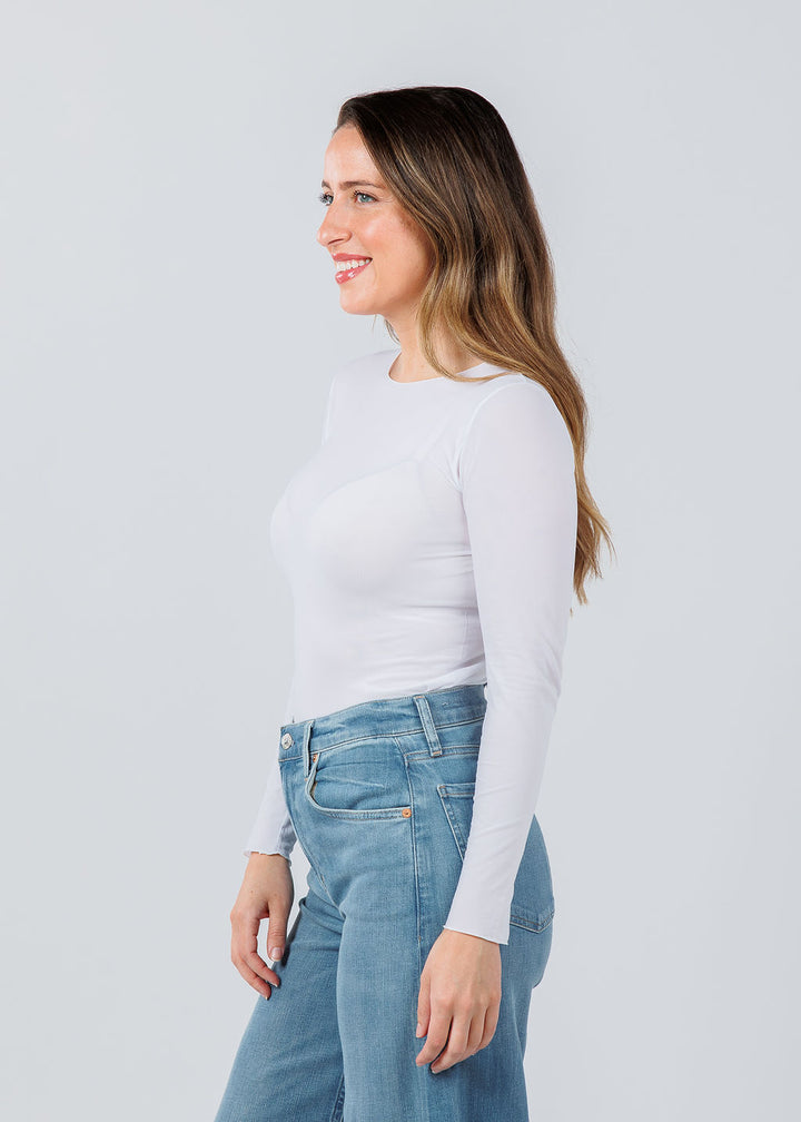 AMB Designs Solid Raw Edge High Neck Second Skin Top in White available at Barbara Katz