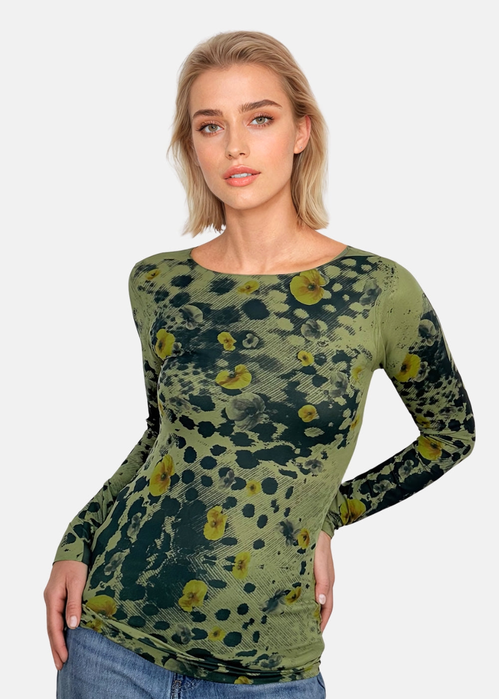 AMB Wild Floral Second Skin Raw Edge Top in Moss available at Barbara Katz