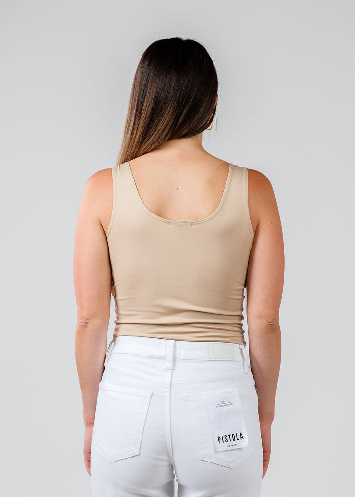 A'NUE The Classic Micro Tank Top in Shimmer Cream featuring a scoop neckline, wide shoulder straps, form-fitting fit, travel-friendly style available at Barbara Katz