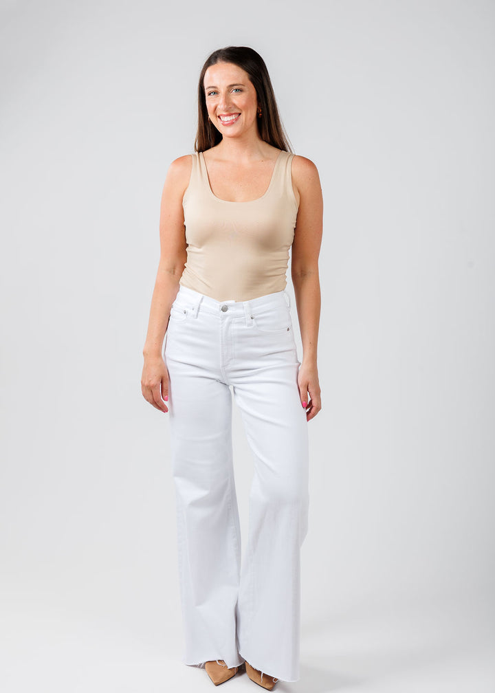 A'NUE The Classic Micro Tank Top in Shimmer Cream paired with Pistola Denim Izzy Wide Leg Crop Jeans in Vivid White available at Barbara Katz