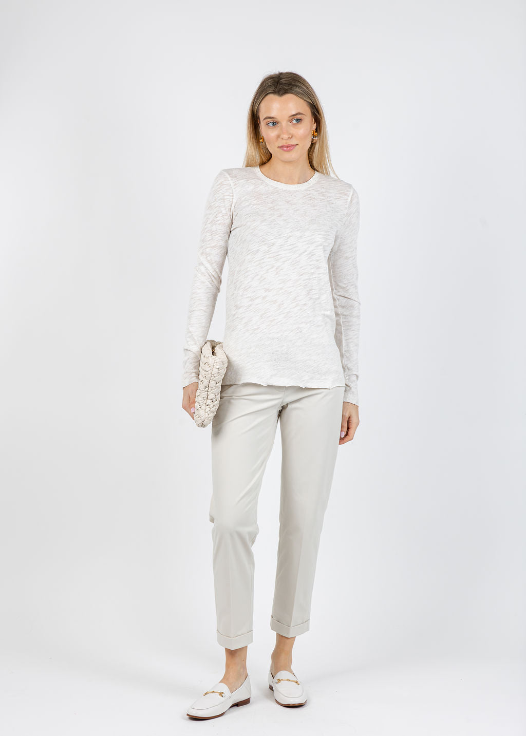 ATM Long Sleeve Destroyed Wash Tee in Seashell/Silver paired with Raffaello Rossi Techno Cotton Ute 7/8 Pants in Dune available at Barbara Katz