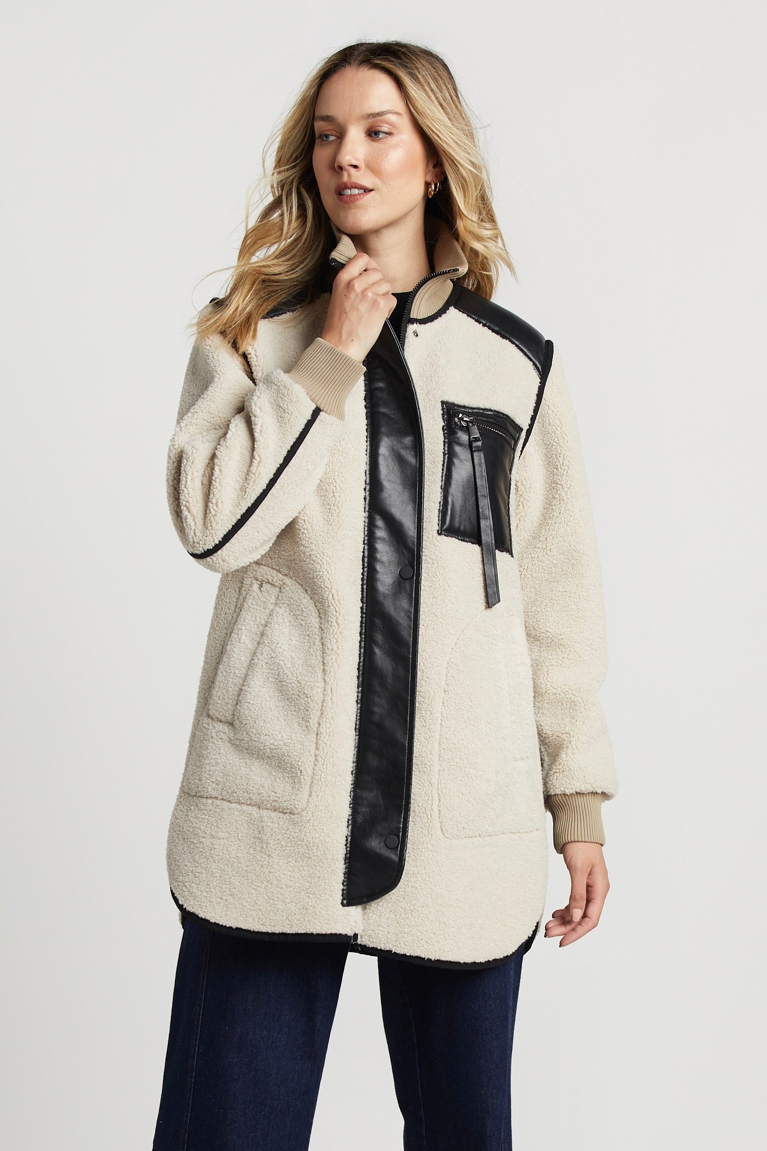 Adroit Atelier Audrey Faux Shearling Coat With Vegan Leather Trim