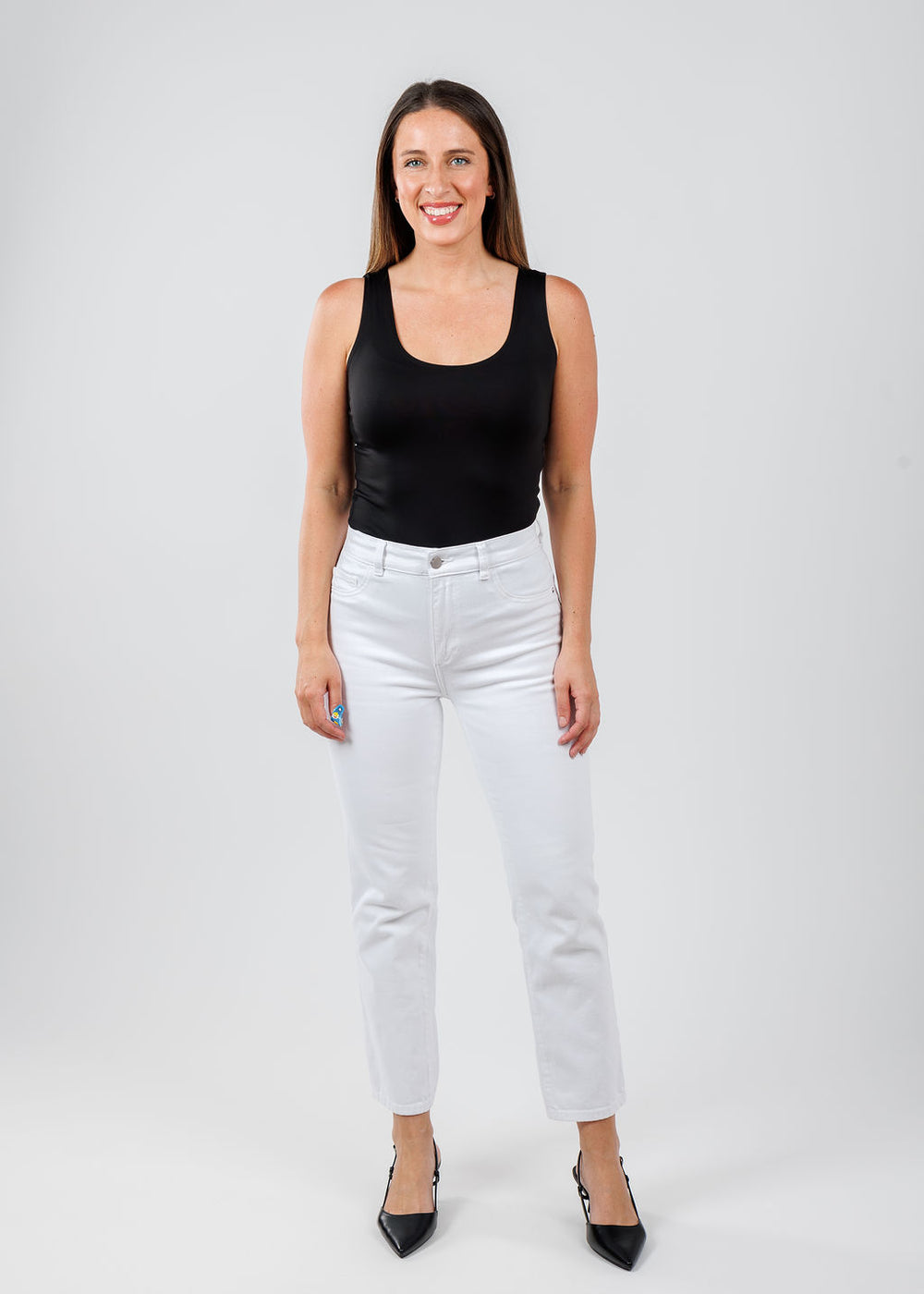 A'NUE The Classic Micro Tank Top in Black featuring a scoop neckline, wide shoulder straps, form-fitting fit, travel-friendly style available at Barbara Katz.