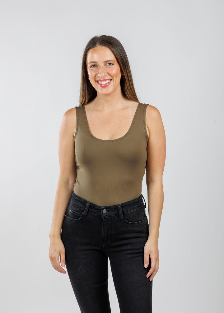 A'NUE The Classic Micro Tank Top in Olive  featuring a scoop neckline, wide shoulder straps, form-fitting fit, travel-friendly style available at Barbara Katz.