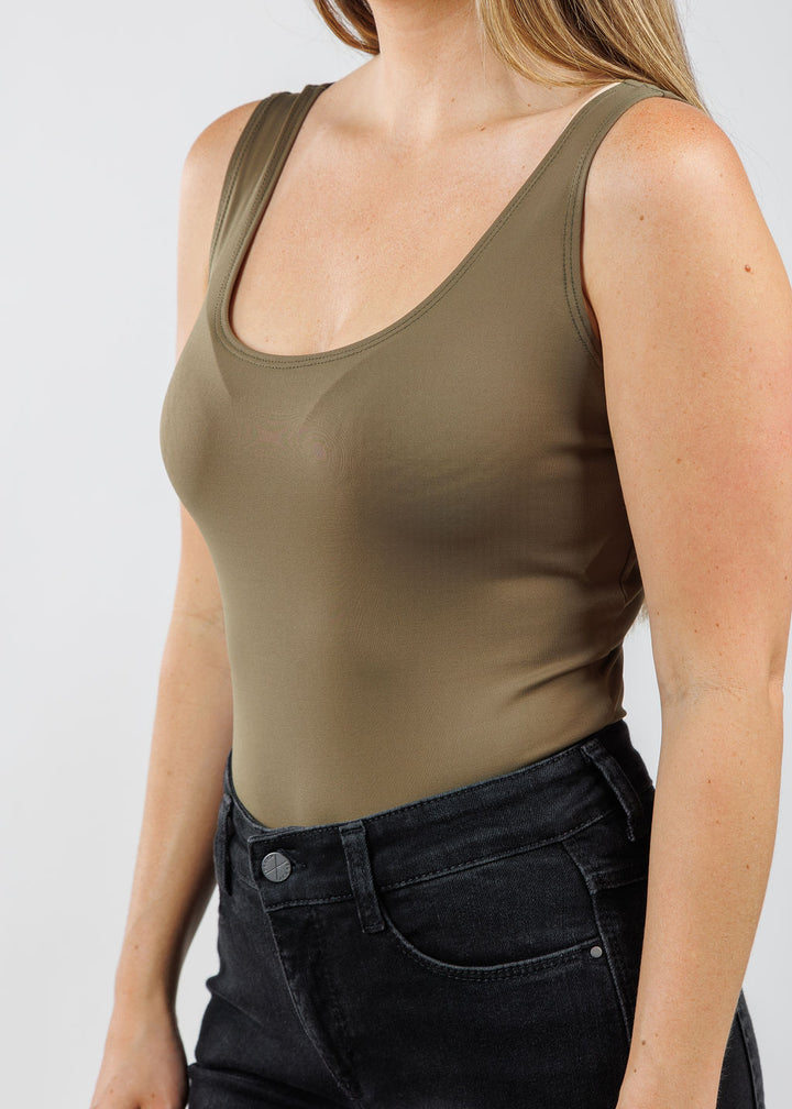 A'NUE The Classic Micro Tank Top in Olive  featuring a scoop neckline, wide shoulder straps, form-fitting fit, travel-friendly style available at Barbara Katz.