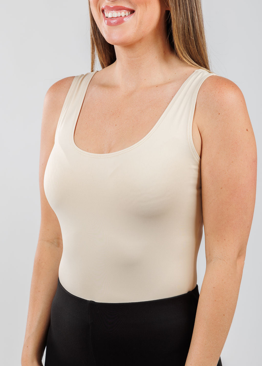 A'NUE The Classic Micro Tank Top in Pearl featuring a scoop neckline, wide shoulder straps, form-fitting fit, travel-friendly style available at Barbara Katz.
