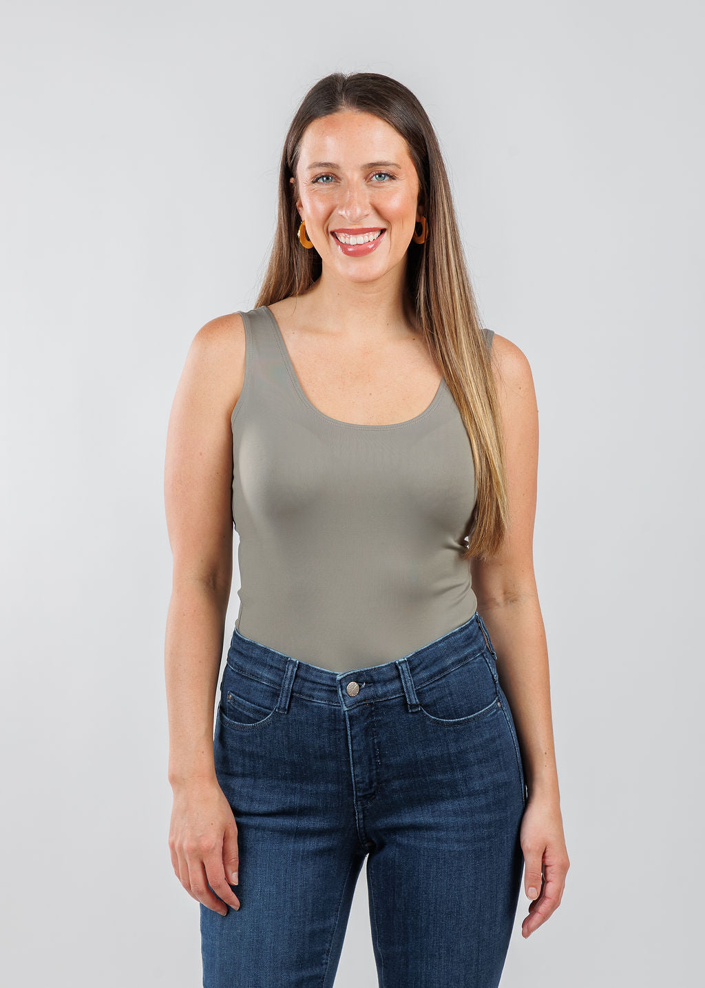A'NUE The Classic Micro Tank Top in Slate featuring a scoop neckline, wide shoulder straps, form-fitting fit, travel-friendly style available at Barbara Katz.