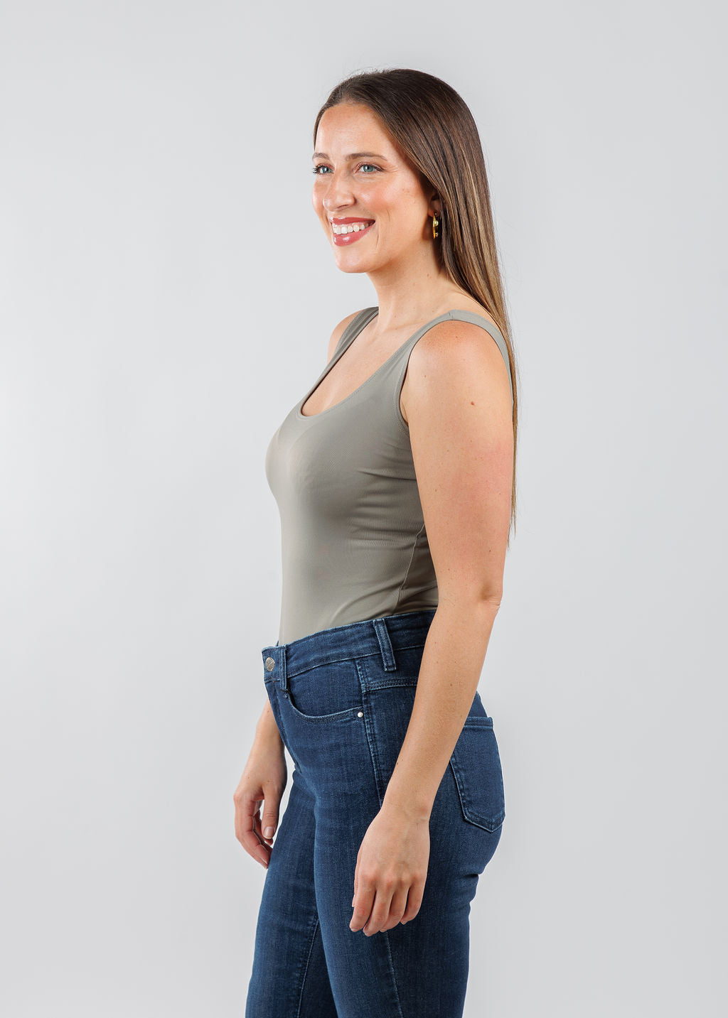 A'NUE The Classic Micro Tank Top in Slate featuring a scoop neckline, wide shoulder straps, form-fitting fit, travel-friendly style available at Barbara Katz.