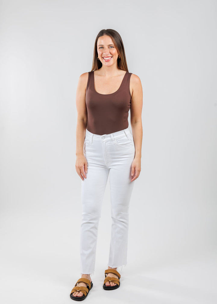 A'NUE The Classic Micro Tank Top in Walnut featuring a scoop neckline, wide shoulder straps, form-fitting fit, travel-friendly style available at Barbara Katz.