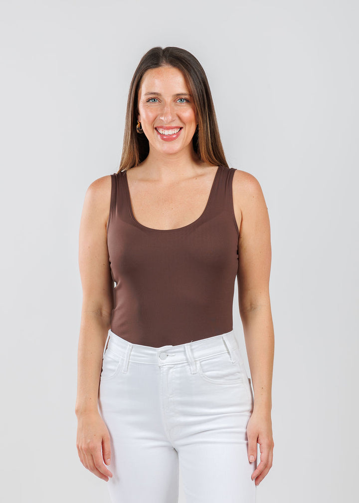 A'NUE The Classic Micro Tank Top in Walnut featuring a scoop neckline, wide shoulder straps, form-fitting fit, travel-friendly style available at Barbara Katz.