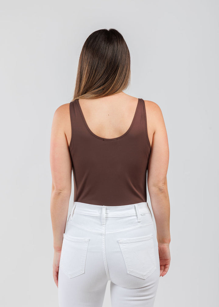 A'NUE The Classic Micro Tank Top in Walnut featuring a scoop neckline, wide shoulder straps, form-fitting fit, travel-friendly style available at Barbara Katz.