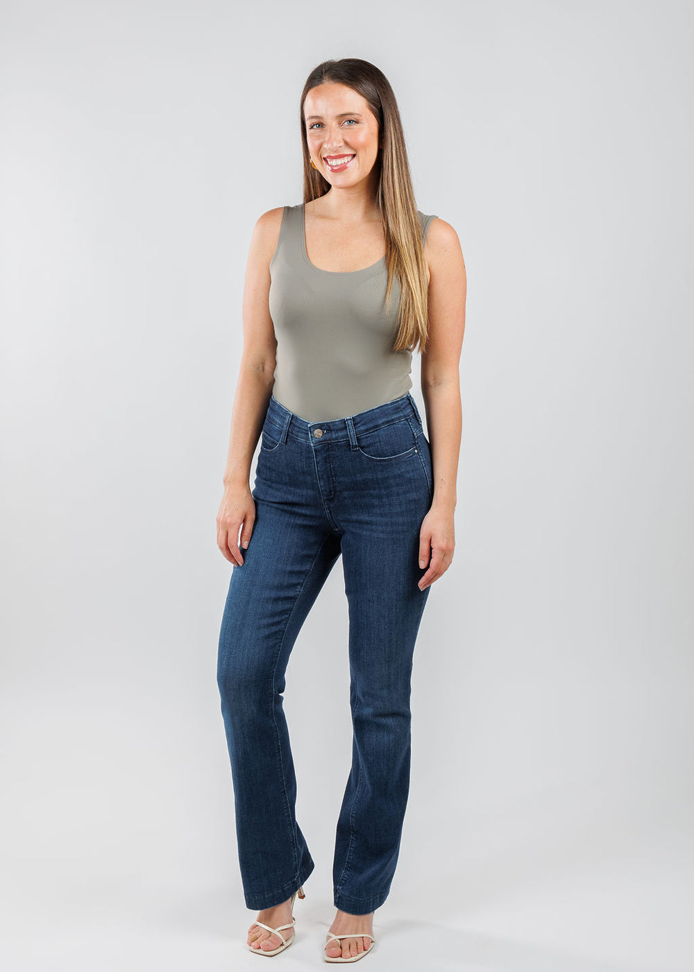 A'nue The Classic Micro Tank Top in Slate paired with MAC Denim Dream Boot Jeans 32" in Medium Blue available at Barbara Katz