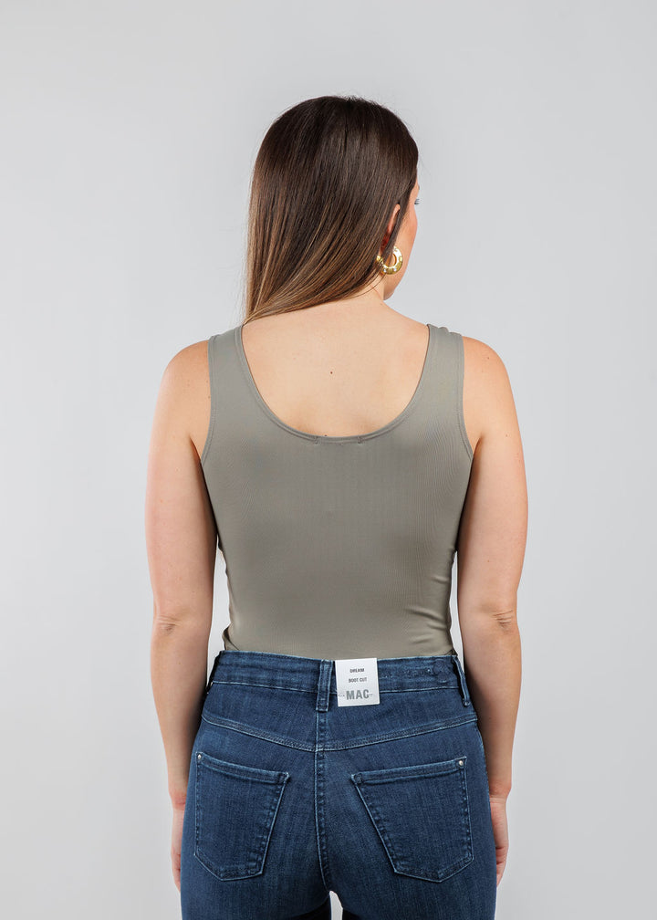 A'NUE The Classic Micro Tank Top in Slate featuring a scoop neckline, wide shoulder straps, form-fitting fit, travel-friendly style available at Barbara Katz.