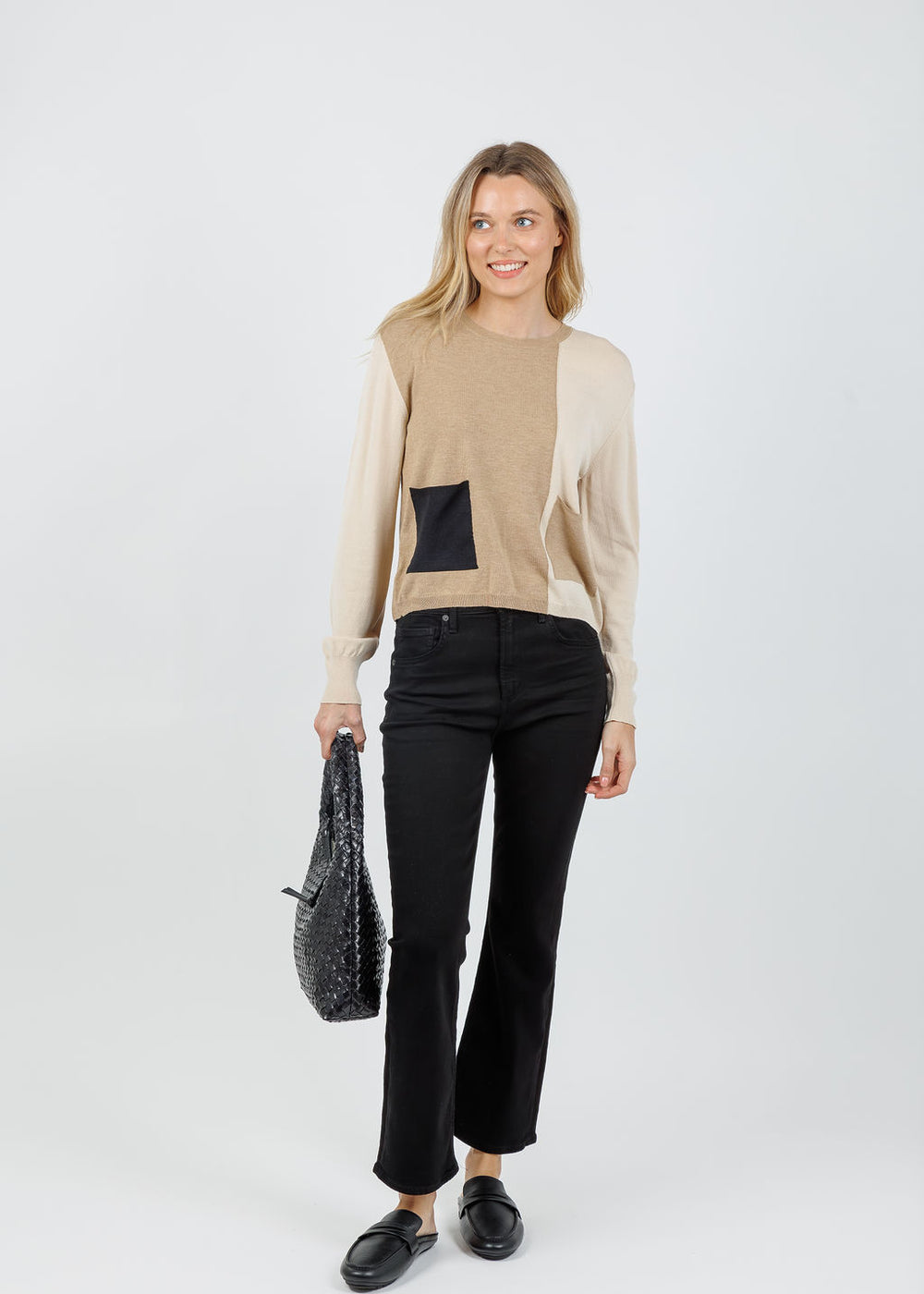 Aldomartins Double Pocket Crew Sweater in Ivory paired with Citizens of Humanity Isola Cropped Boot Jeans in Plush Black available at Barbara Katz