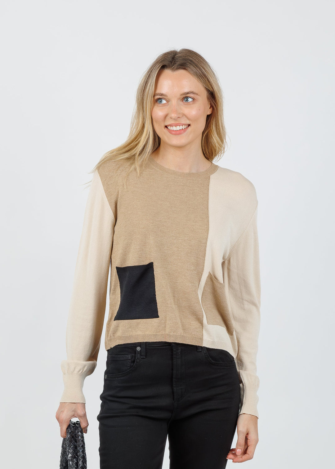 Aldomartins Double Pocket Crew Sweater in Ivory available at Barbara Katz