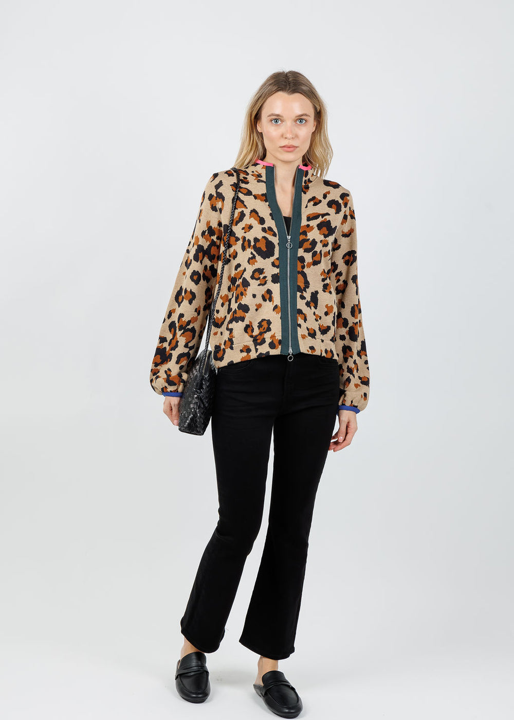 Aldomartins Olimpo Leopard Zip Sweater in Beige available at Barbara Katz